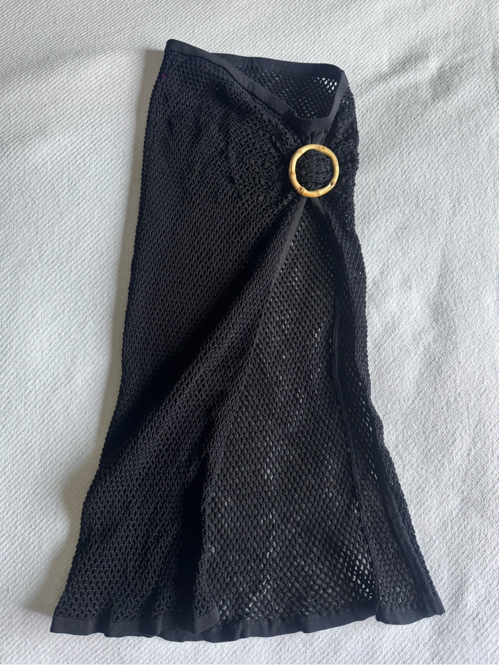 Black Fishnet Mesh Sarong Midi Pencil Skirt with Bamboo Ring Accent Small